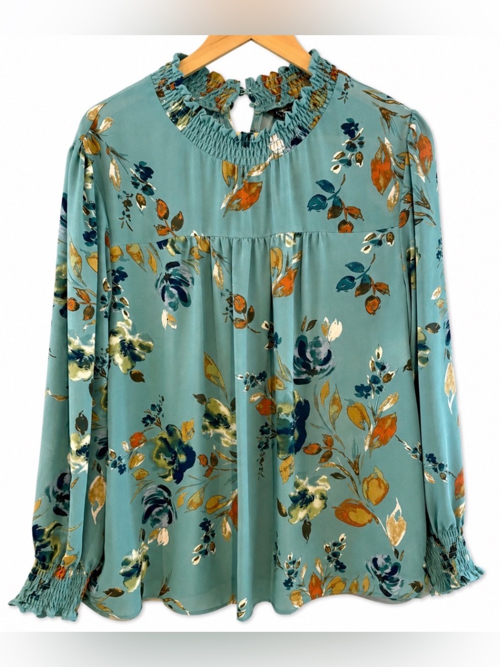 Teal Floral Zac & Rachel Semi-Sheer Lined Blouse Ruched Mock Neck & Cuffs